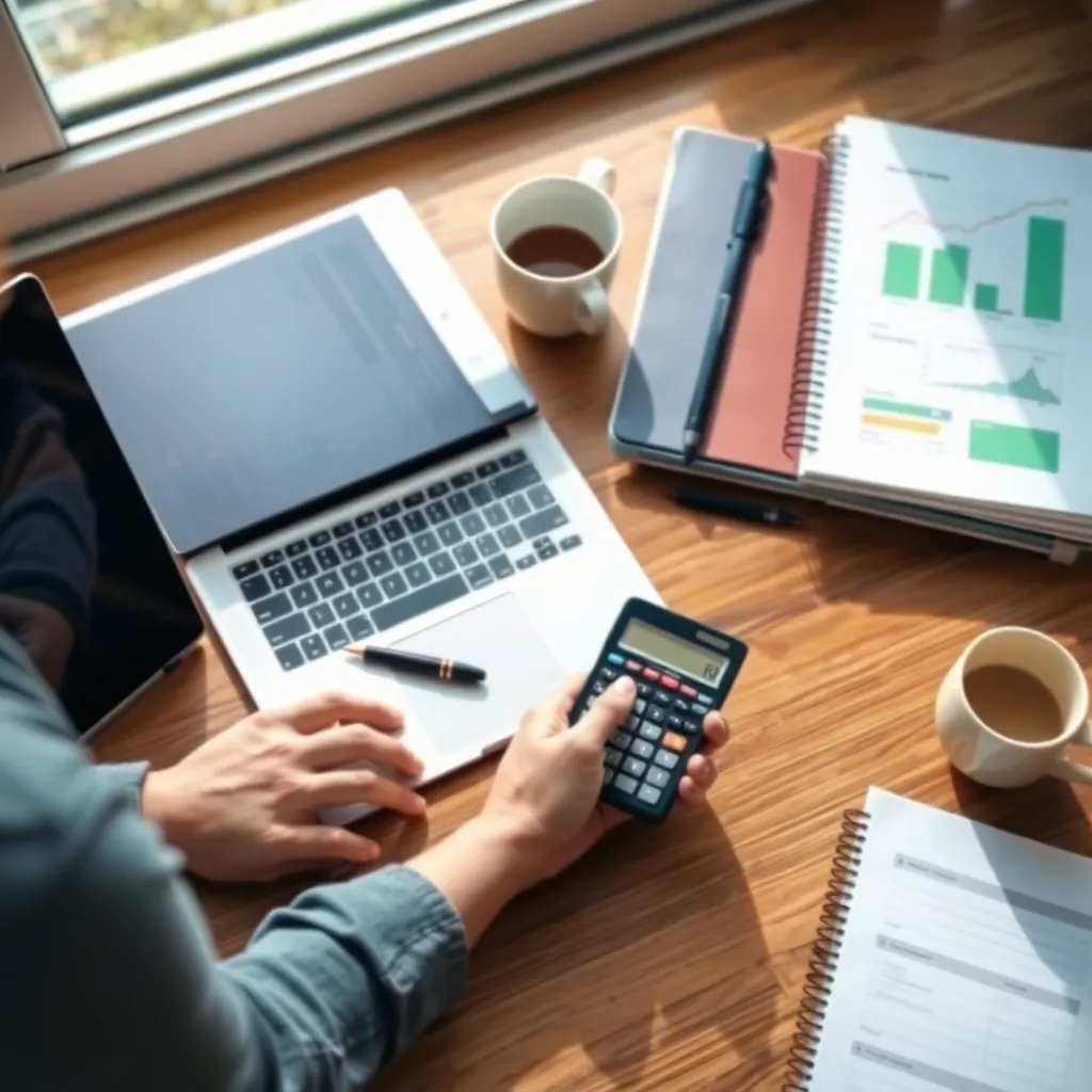 Persoon die financiële planning doet met laptop en notities