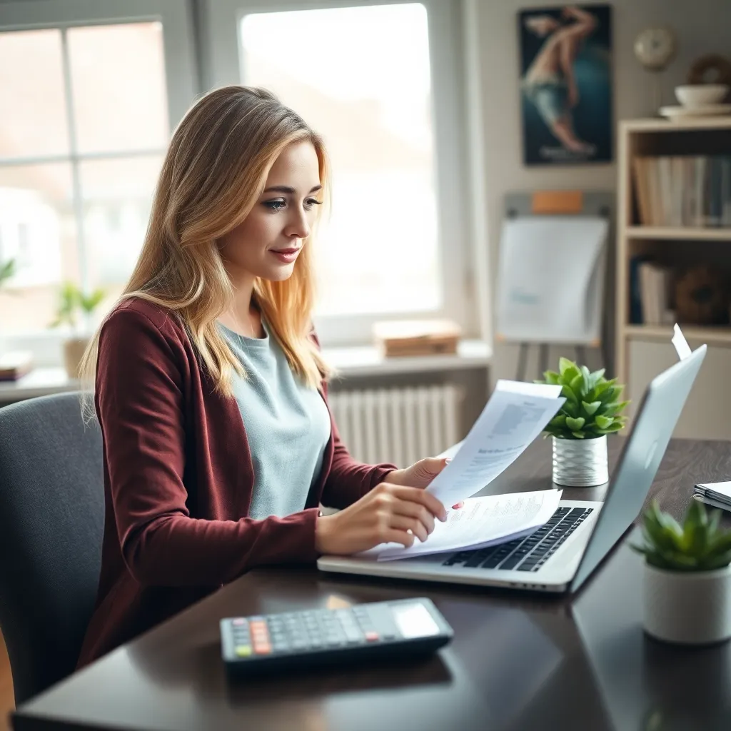 Jonge Nederlandse vrouw werkt aan haar budget op laptop met financiële documenten